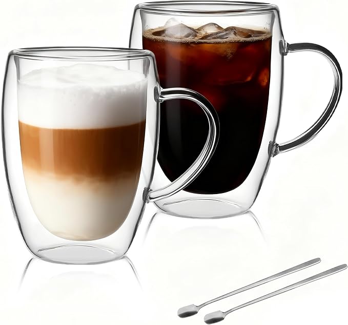 LIBWYS 2 Pack Double Walled Coffee Cups Glasses Mugs, 12oz Espresso Cappuccino by LIBWYS