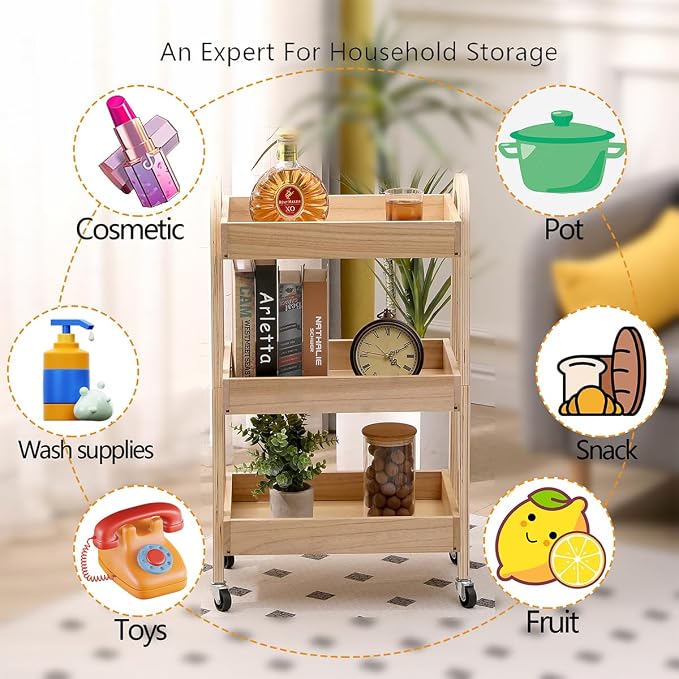 3-Tier Rolling Craft Cart, light-colored wood, Waterproof, - Image 3