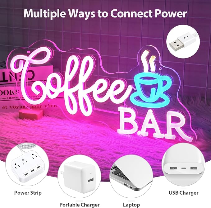 Coffee Bar Neon Sign, Dimmable Pink Blue Coffee LED Sign, 5V USB Powered Cafe - Image 6