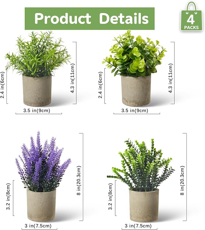 Artificial Mini Plants Set of 4, Small Faux Plants in Pots - Image 2