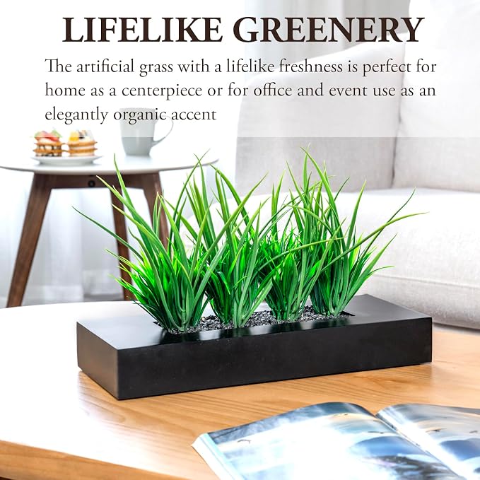 MyGift Large Artificial Green Grass Plants Potted in 14-Inch Matte Black Wood - Image 2