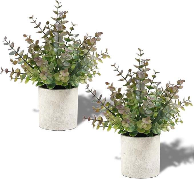 Coferset 2 Pack Small Fake Plants Christmas Greenery Eucalyptus Potted by Coferset