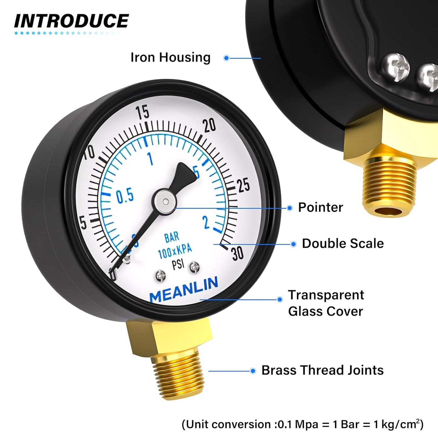MEANLIN MEASURE 0-30Psi 2" DIAL FACE 1/8" NPT Well Pump Pressure Gauge, with 1/4" NPT and 3/8" NPT Hex Bushing, 3-2-3% Accuracy, Lower Mount