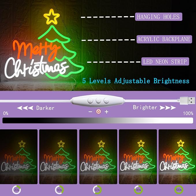 Merry Christmas Neon Sign for Wall Decor, Dimmable Christmas Tree Neon Signs - Image 3