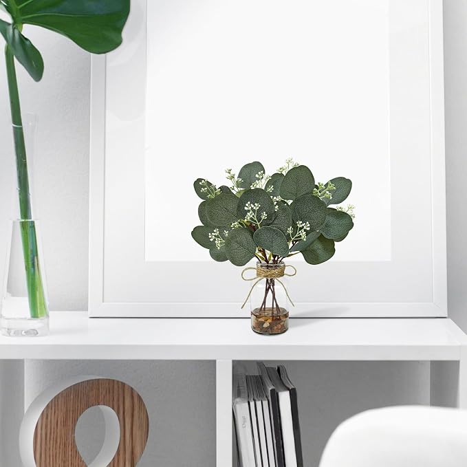 2 Pack Artificial Eucalyptus Stems in Glass Vases, Small Faux Plants - Image 6