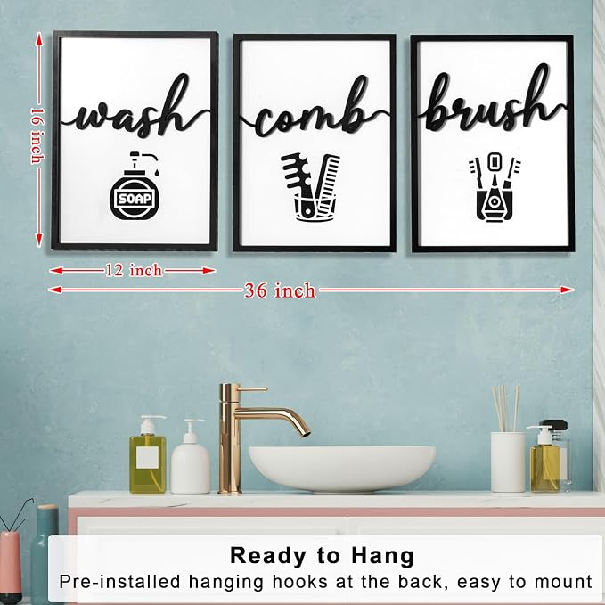 3D Wood Funny Bathroom Wall Art, Framed Black and White Bathroom Pictures Wall - Image 5