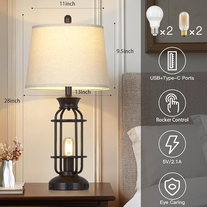 28" Tall Farmhouse Table lamps Set of 2, Vintage Industrial Table Lamp - Image 4
