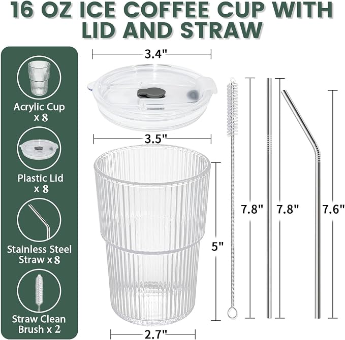 HIGIINC Iced Coffee Cups With Lids and Straws 8 Pcs, 16 OZ Unbreakable Glasses - Image 5