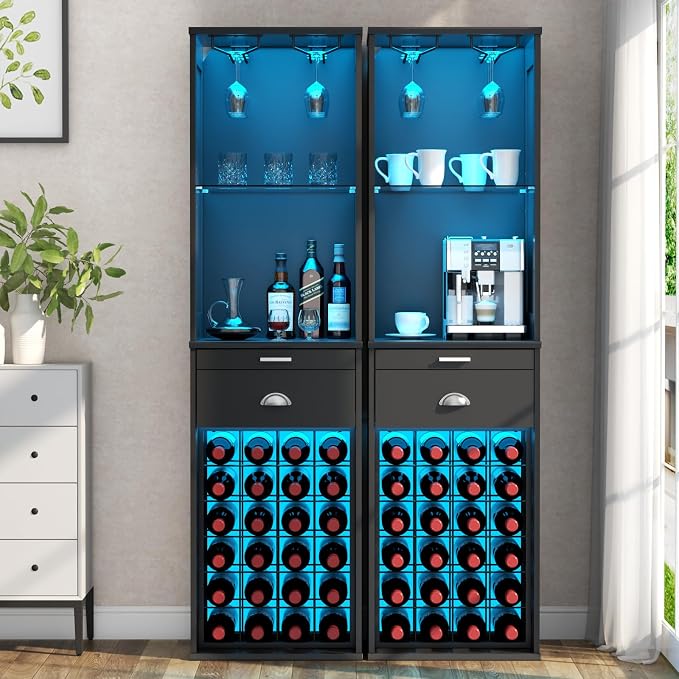 Loomie Wine Bar Cabinet with LED Lights, Kitchen Storage with Tray & Drawer & - Image 3
