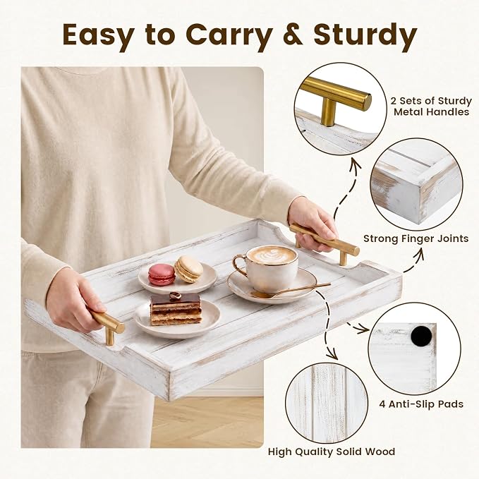 Wood Serving Tray with Metal Handles, 17x13in Large Wooden Tray - Image 4
