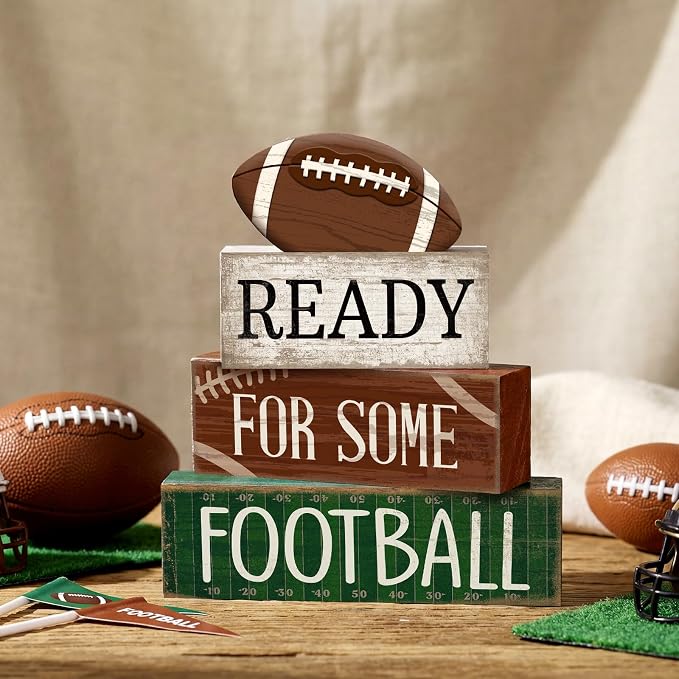 Yuntau 4 Pcs Football Fall Table Decoration Happy Football Wooden Block Sign - Image 6