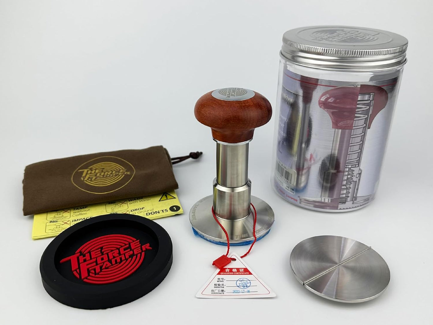 The Force Tamper Automatic Impact Adjustable Constant Pressure and Autoleveling Coffee Tamper Reddish Brown Jellyfish Wooden Handle Set Pro (Flat-Distribute Set, 58.35mm)