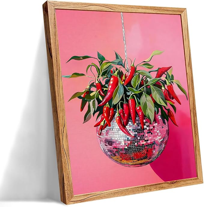 Framed Disco Ball With Red Chili Pepper Wall Art 08x10 inch Funky Whimsical by Unknown