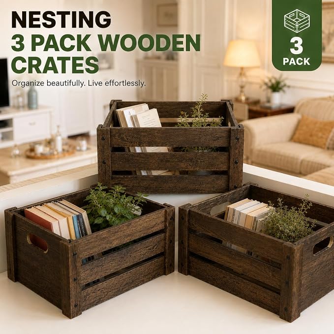 Wooden Crates for Display, 3 Pack Large Rustic Handmade Wood Crate for Storage - Image 4