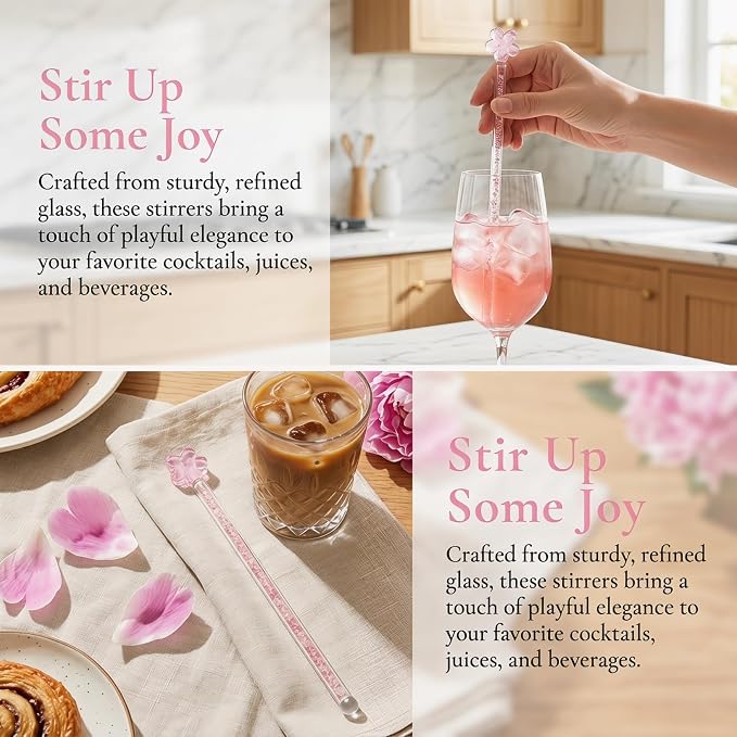 Luxshiny 2-Pack Pink Glass Stirring Sticks 7.28 Inch Floral Design Drink - Image 4