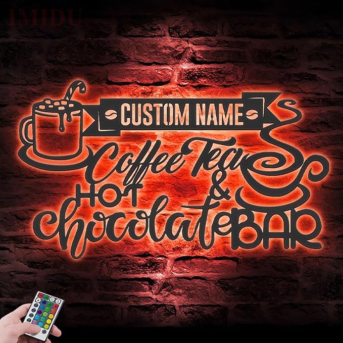 Custom Text Hot Chocolate And Coffee Tea Bar Metal Wall Art LED Light - Image 5