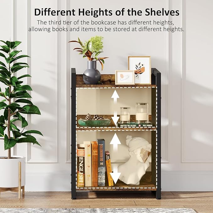 Hosfais Book Shelf Small Bookshelf: 3-Tier Wood Bookcase Industrial Bookshelf - Image 5