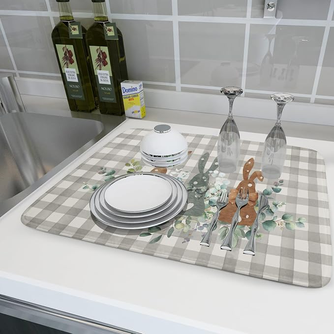Spring Rabbit Dish Drying Mat for Kitchen Counter 18 x 24 Inch, Vintage Grey - Image 6