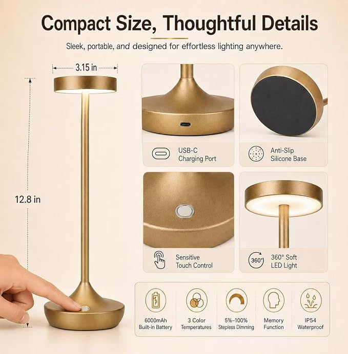 Rechargeable Cordless Table Lamps, 6000mAh Portable LED light, Battery Operated - Image 5