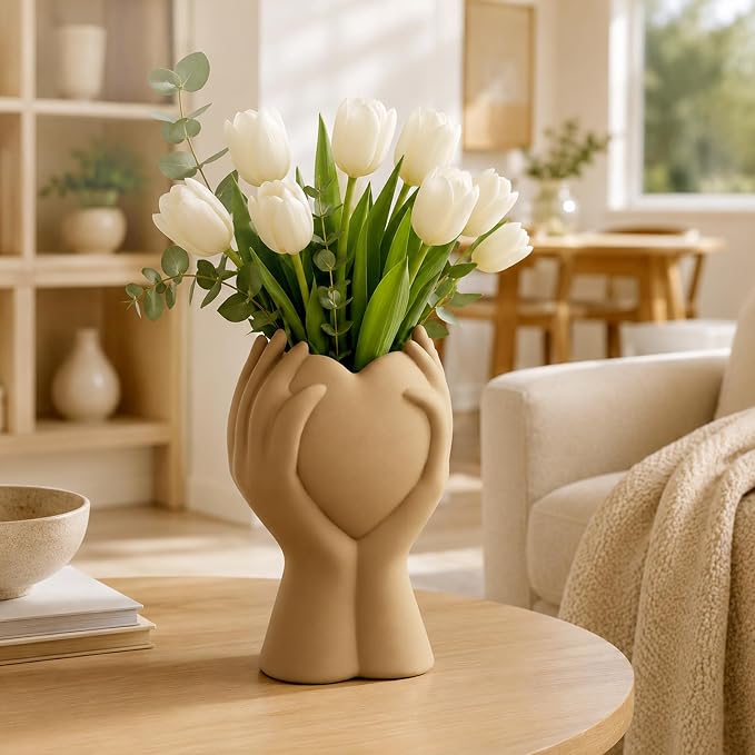 8 Inch Heart Hand Brown Ceramic Vase - Image 8