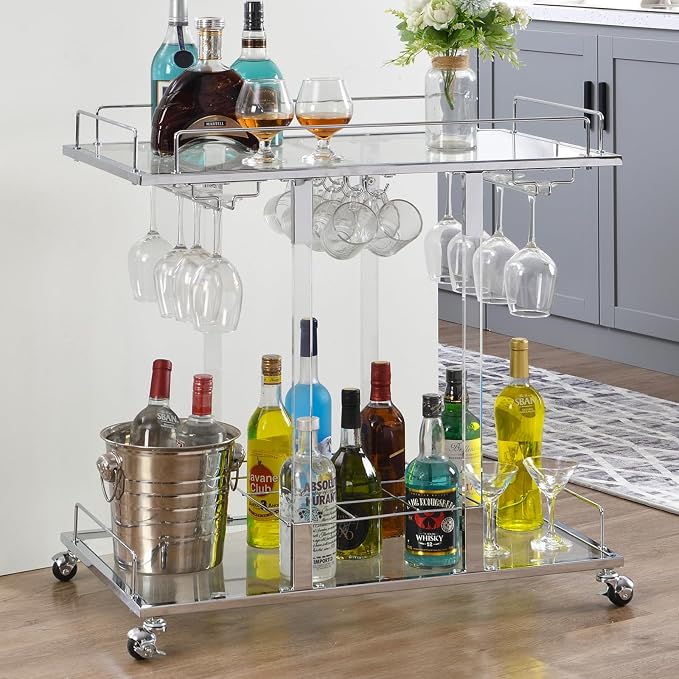 Silver Bar Cart for Home Bar Chrome Serving Cart - Image 5
