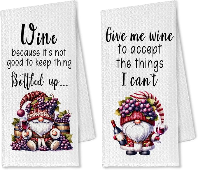 Gnomes Wine Kitchen Hand Towels Set of 2, Wine Dish Tea Towels by Unknown