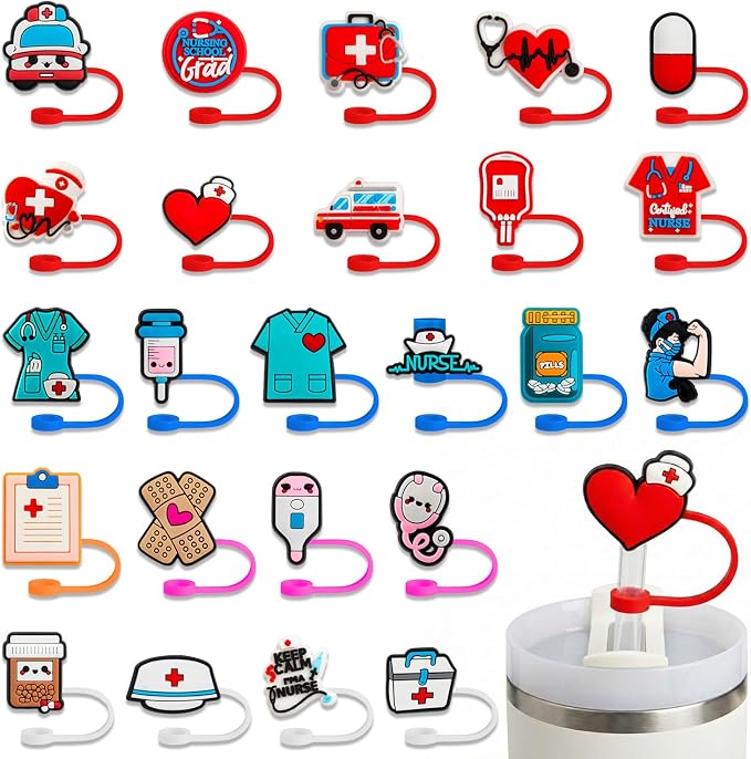 48 Pcs Nurse Straw Toppers, Silicone 10mm Cute Straw Covers Cap by GCTWFYK