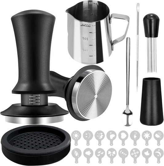 53mm Coffee Espresso Tamper Set, 22PCS Espresso Machine Accessories with Espresso Tamper, WDT Tool, Coffee Stirrer, Frothing Pitcher, Latte Art Pen, Tamper Mat, Coffee Stencils for Espresso Machine