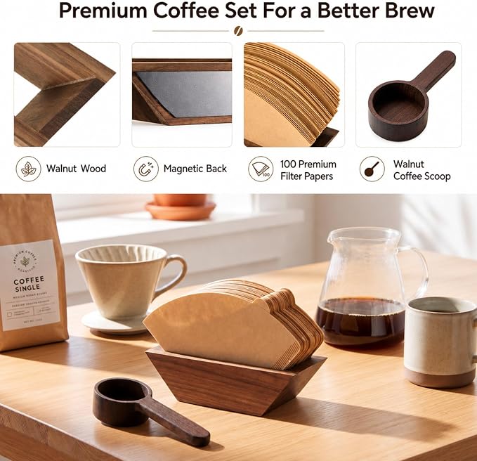 Magnetic Coffee Filter Holder Set, Walnut Wood Cone Coffee Filter Storage - Image 4