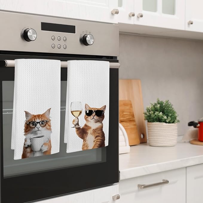 Funny Cat Coffee Wine Kitchen Towels, Funny Kitten Coffee Wine Dishcloths Dish - Image 4