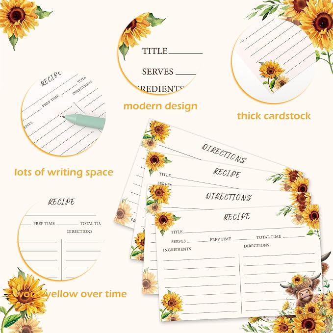 JarThenaAMCS 50 Pcs Highland Cow Recipe Cards Sunflower Brown Cow Blank Recipe - Image 3