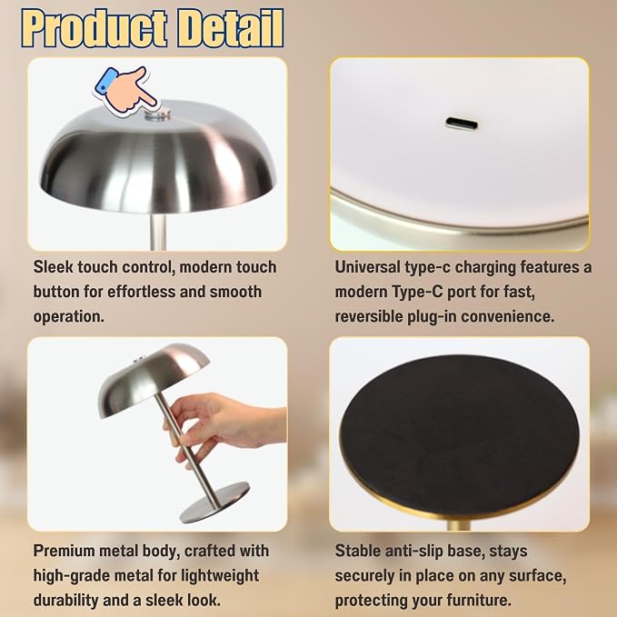 Portable LED Mushroom Table Lamp, 8.46'' Metal Small Cordless Desk Night Light - Image 7