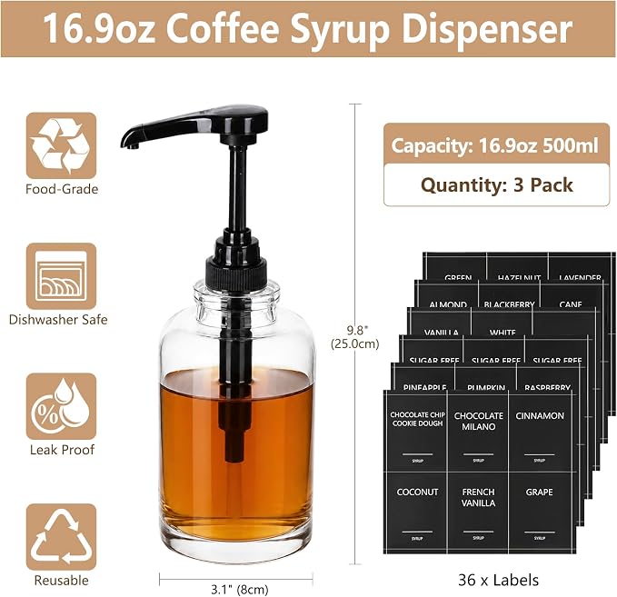 3-Pack Round Glass Coffee Syrup Dispenser, 16.9 oz/500ml - Image 2