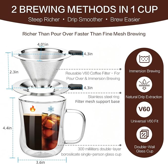 Pour Over Coffee Maker with Cup, 2-in-1 Immersion & Drip Coffee Dripper - Image 2