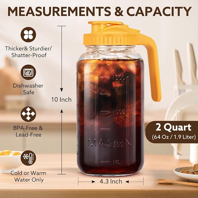 Mihlapi Glass Pitcher with Lid, 64 OZ Mason Jar Pitcher Double Leak Proof - Image 4