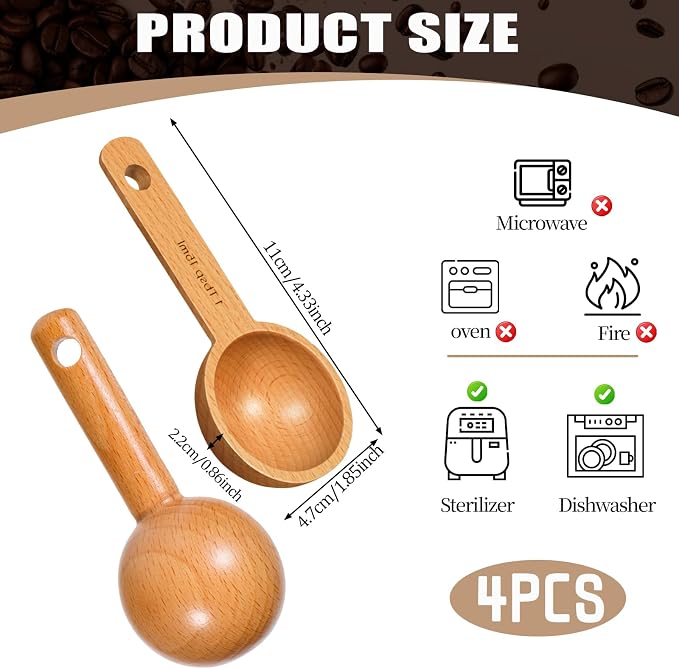 4 Pack Wooden Small Scoops for Jars, 1 Tablespoon Coffee Scoop in Beech Wood - Image 4
