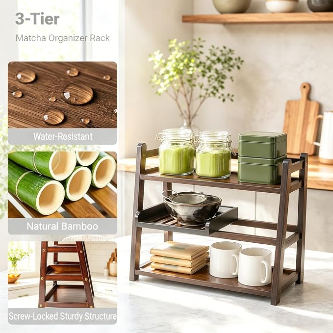 3 Tier Bamboo Matcha & Coffee Station, Countertop Organizer Shelf - Image 3