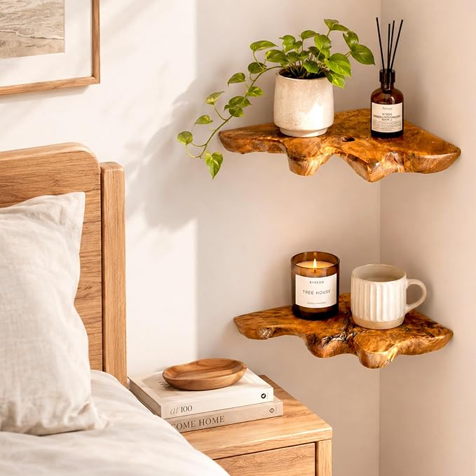 Floating Corner Shelf Set of 2, Handcrafted Live Edge Corner Wall Shelves - Image 2