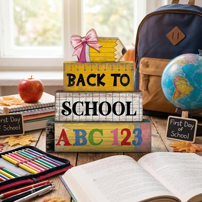 Lineshading 4 Pcs Back to School Table Decorations Wooden Pencil Stacked Block - Image 2