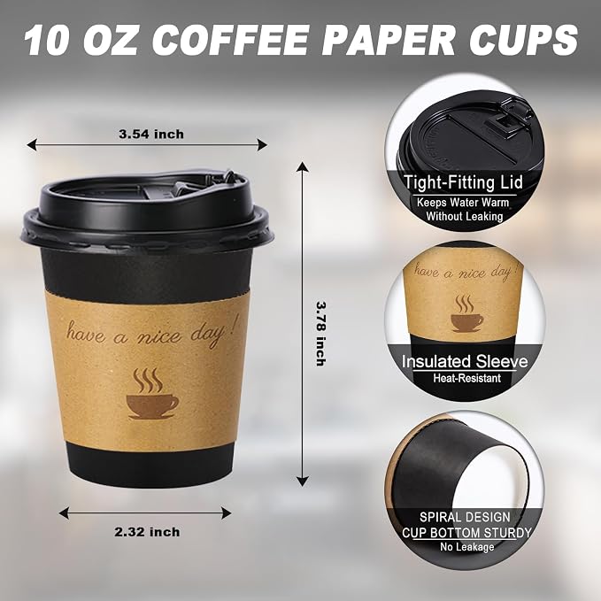 Lamosi 10 oz Coffee Cups with Lids 100 Pack, Disposable Coffee Cup with Stir - Image 2
