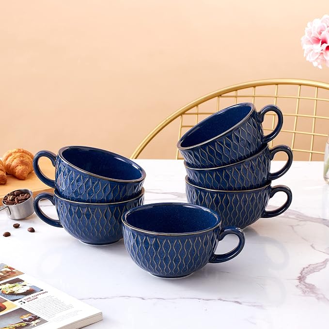 Coffeezone Set of 6 Cups Vintage Design 12 oz Professional Barista Ceramic - Image 2