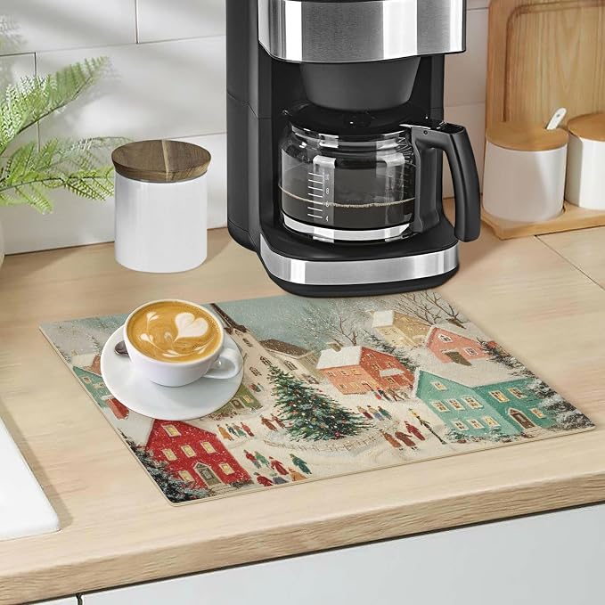 Retro Christmas Village Green Coffee Mat Coffee Bar Maker Backed Absorbent - Image 5