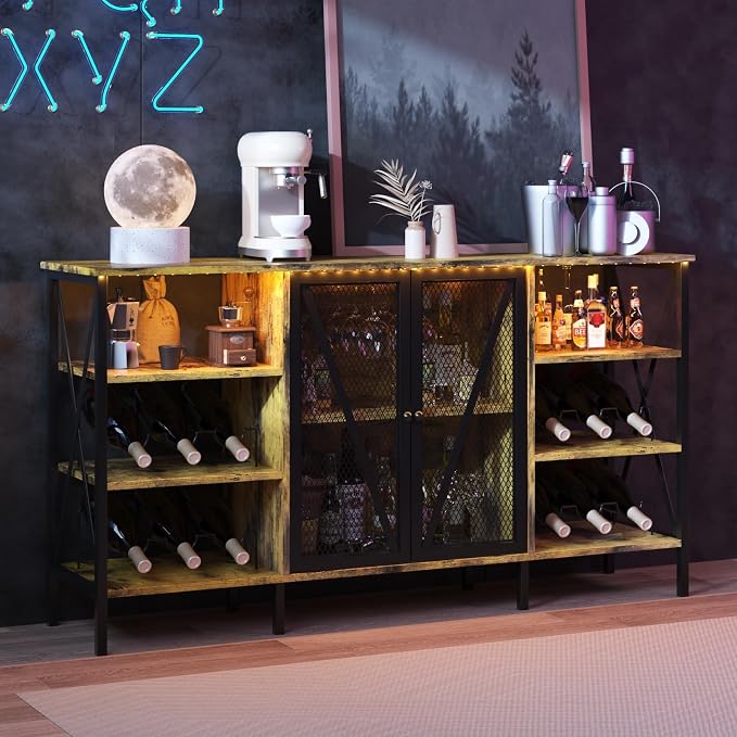 55" Wine Bar Cabinet with LED Light, Wine Rack & Glass Holder, Mesh Doors & - Image 6