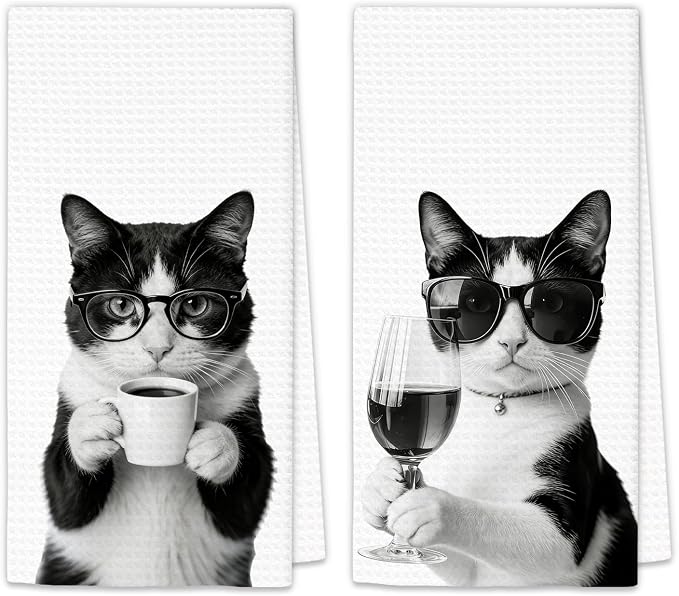 Tuxedo Cat Gifts Coffee Wine Kitchen Towels Set of 2, Coffee Kitty Dish Tea by OINDADE