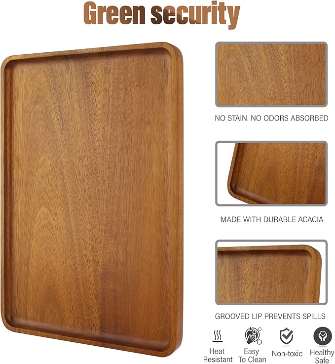 16" x12" Large Solid Acacia Wood Serving Tray Rectangular Wooden Serving - Image 3