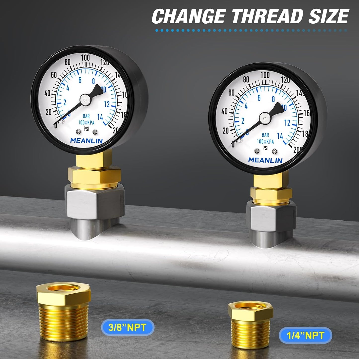 MEANLIN MEASURE 0-200Psi 2" DIAL FACE 1/8" NPT Well Pump Pressure Gauge, with 1/4" NPT and 3/8" NPT Hex Bushing, 3-2-3% Accuracy, Lower Mount