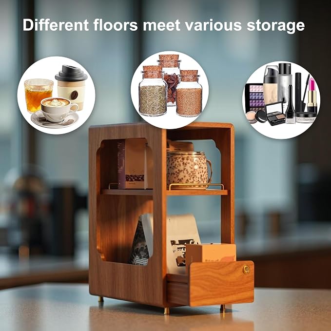 Coffee Bar Organizer for Countertop, 2-Tier Walnut Wood Coffee Station Organizer - Image 7