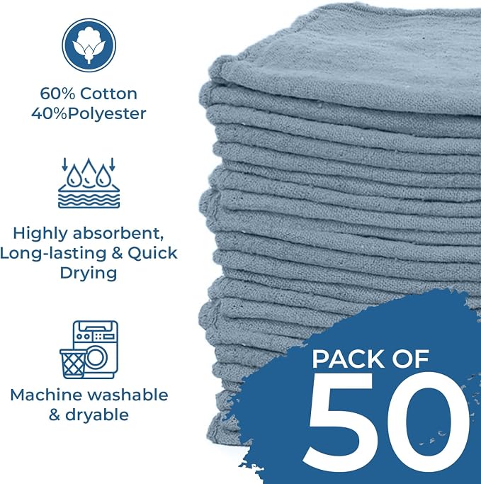 DAN RIVER Shop Towels, 50 Pack Commercial Use Medium Blue Terry Cloth Rags - Image 4