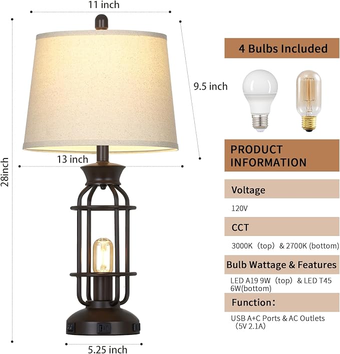 28" Tall Farmhouse Table lamps Set of 2, Vintage Industrial Table Lamp - Image 7