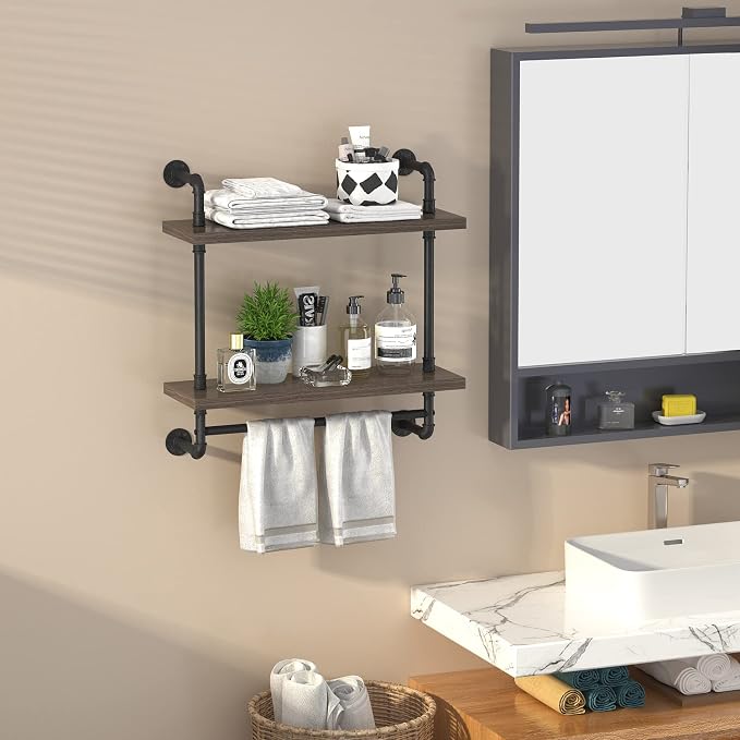 Helsin 2 Tier Wood Floating Shelves Towel Rack, Industrial Pipe Bathroom - Image 2